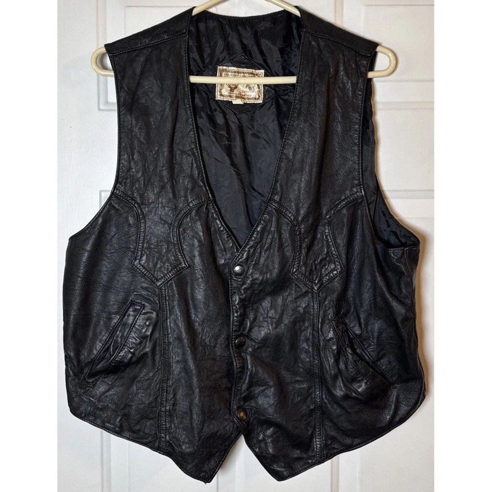 VTG El Venado Genuine Leather Vest Mens Large Black Western Biker Made‎ Mexico